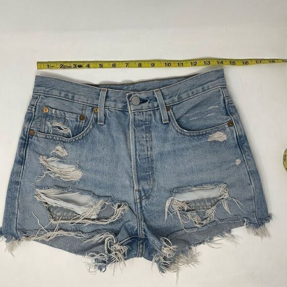 Levi’s Blue 100% Cotton Premium 501 Distressed Raw Hem Jean Denim Shorts Size 26 - Picture 1 of 6